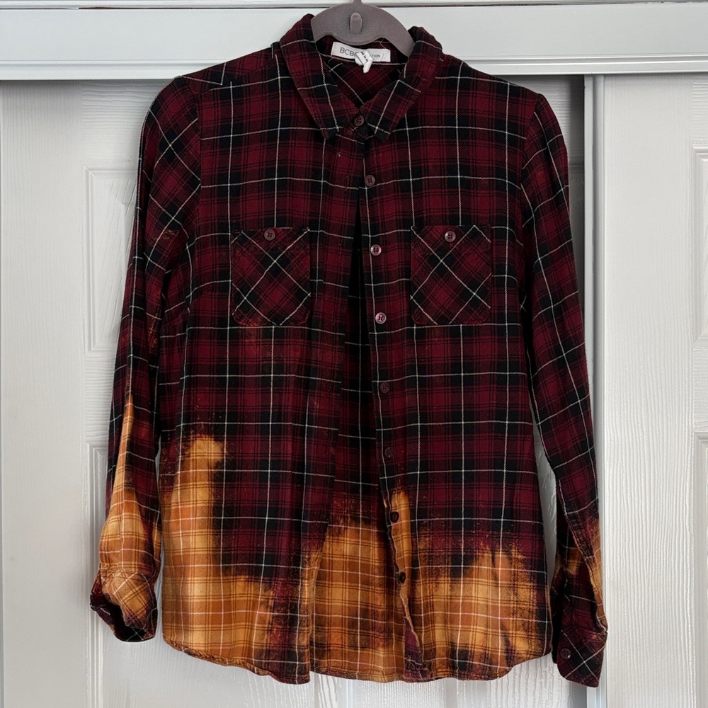 BCBGMaxAzria Red and Orange Plaid Button-Down Shirt